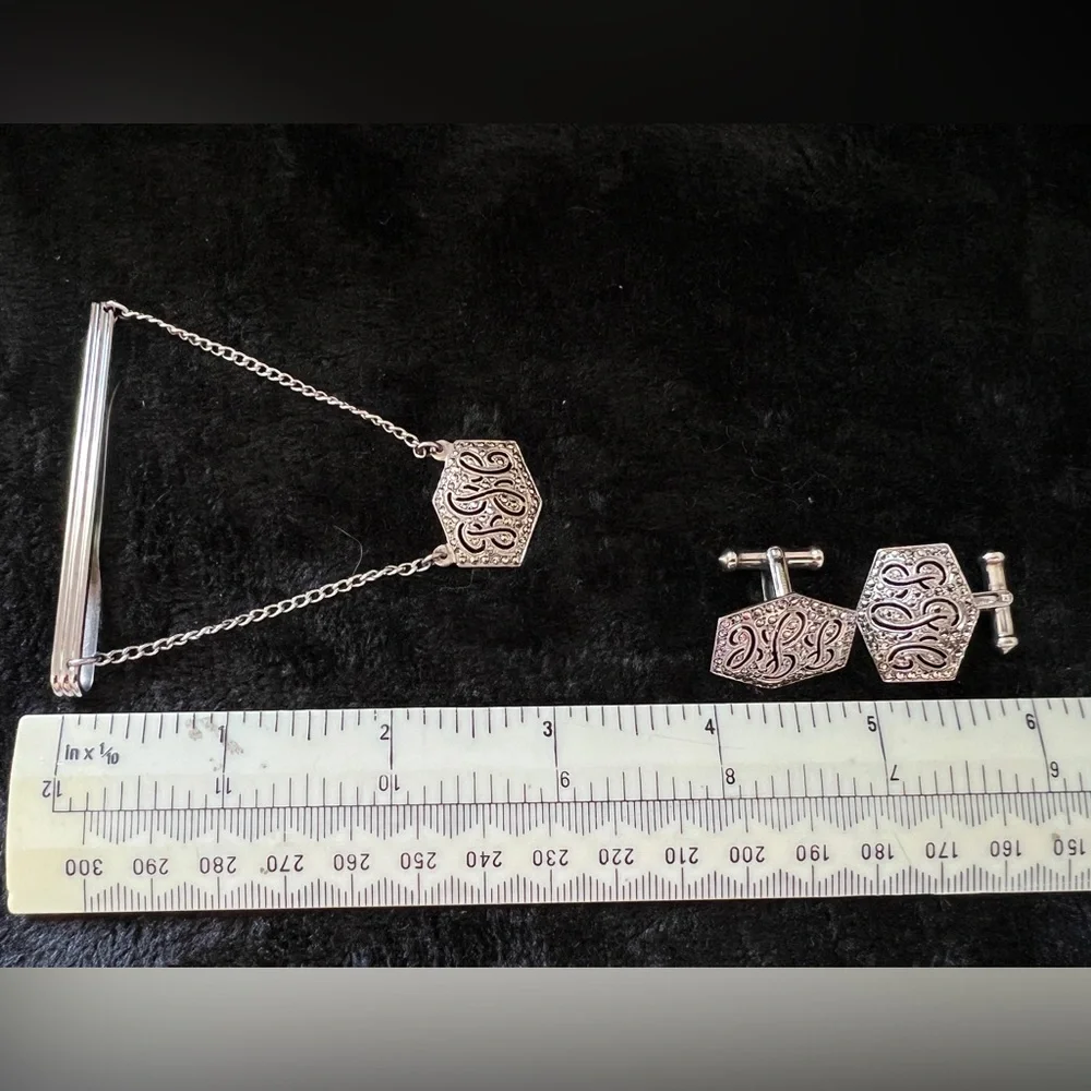 Antique Sterling Silver marcasite Tie bar cufflinks Art Decor monogram set RSG